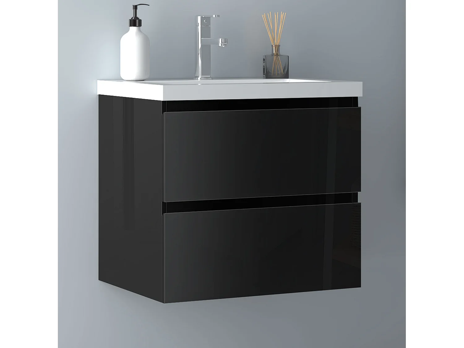 AICA Waschbeckenunterschrank hängend 60cm Mineralguss Waschtisch mit Unterschrank - Hochglanz Schwarz - CINIC