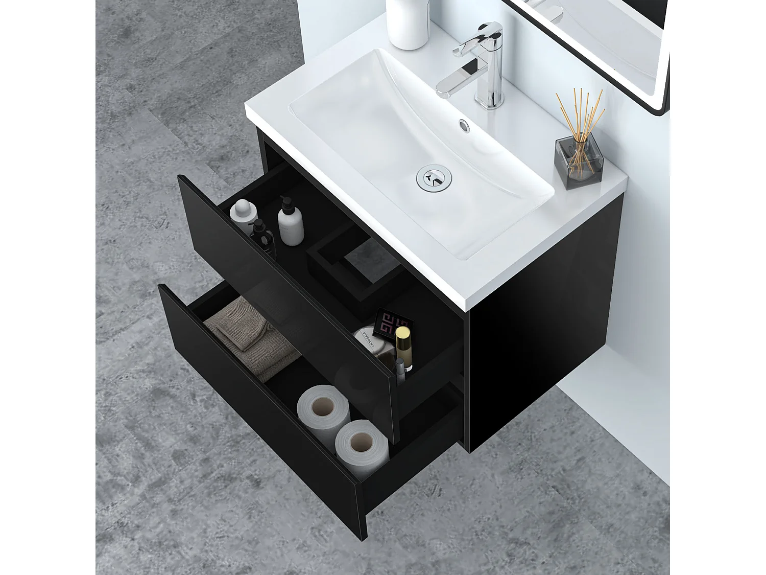 AICA Waschbeckenunterschrank hängend 60cm Mineralguss Waschtisch mit Unterschrank - Hochglanz Schwarz - CINIC