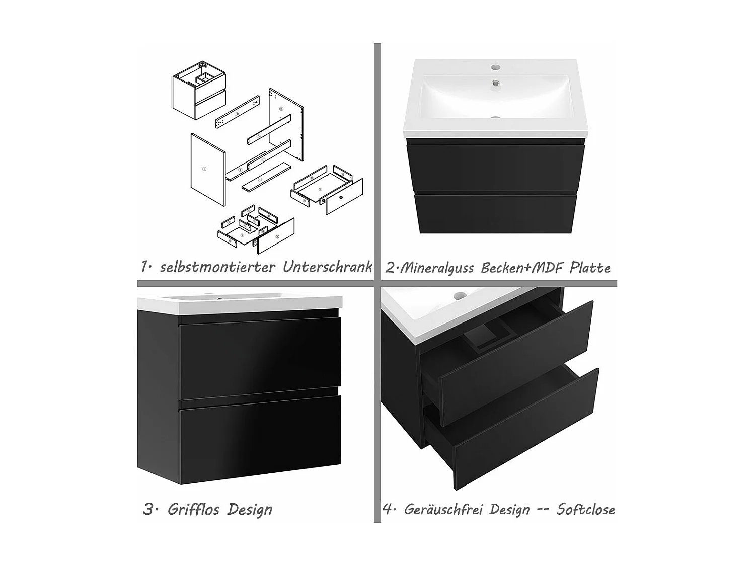 AICA Waschbeckenunterschrank hängend 60cm Mineralguss Waschtisch mit Unterschrank - Hochglanz Schwarz - CINIC