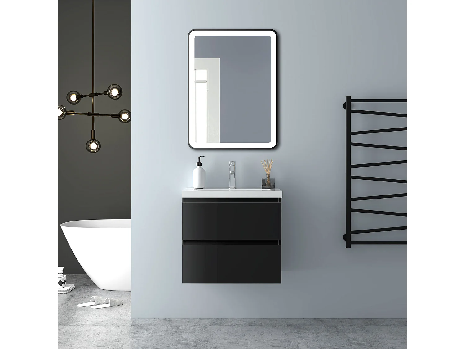 AICA Waschbeckenunterschrank hängend 60cm Mineralguss Waschtisch mit Unterschrank - Hochglanz Schwarz - CINIC