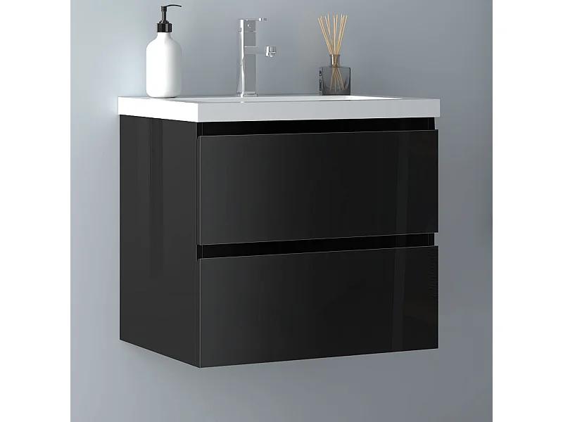 AICA Waschbeckenunterschrank hängend 60cm Mineralguss Waschtisch mit Unterschrank - Hochglanz Schwarz - CINIC