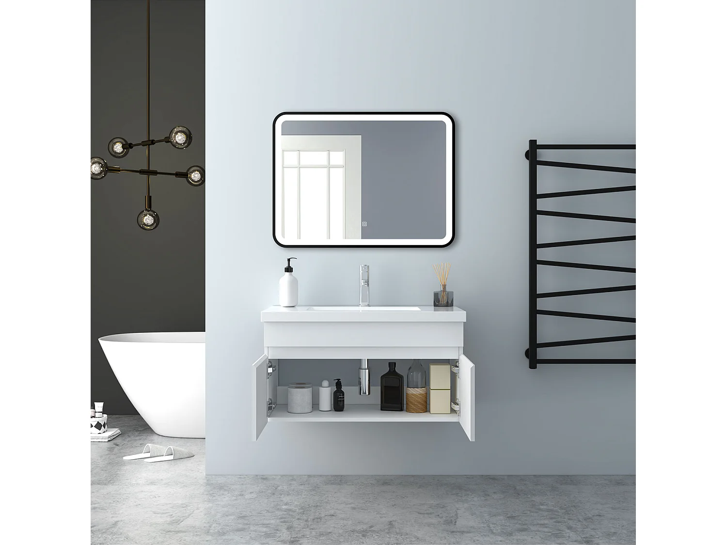 AICA Badezimmerschränke 80cm Mineralguss Waschtisch mit Unterschrank - Weiß Matt Hängeschrank - MARO