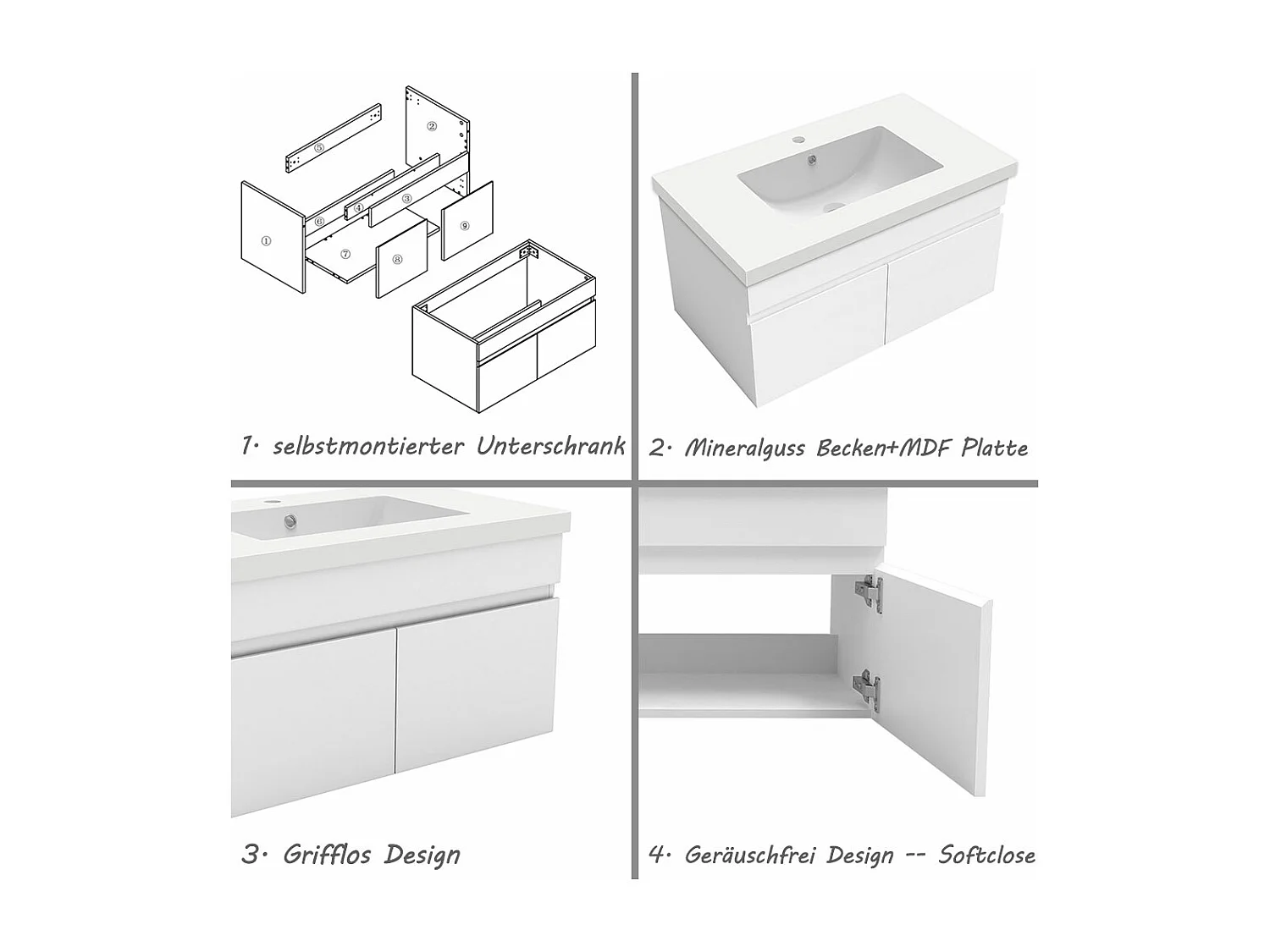 AICA Badezimmerschränke 80cm Mineralguss Waschtisch mit Unterschrank - Weiß Matt Hängeschrank - MARO
