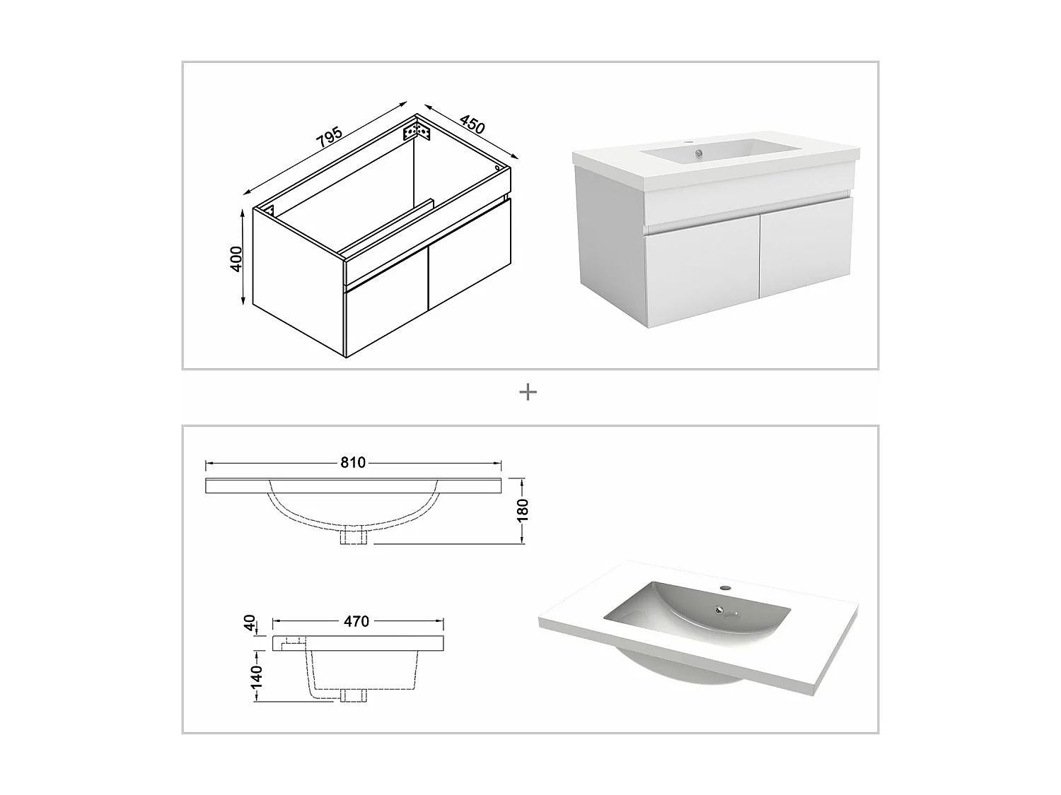AICA Badezimmerschränke 80cm Mineralguss Waschtisch mit Unterschrank - Weiß Matt Hängeschrank - MARO