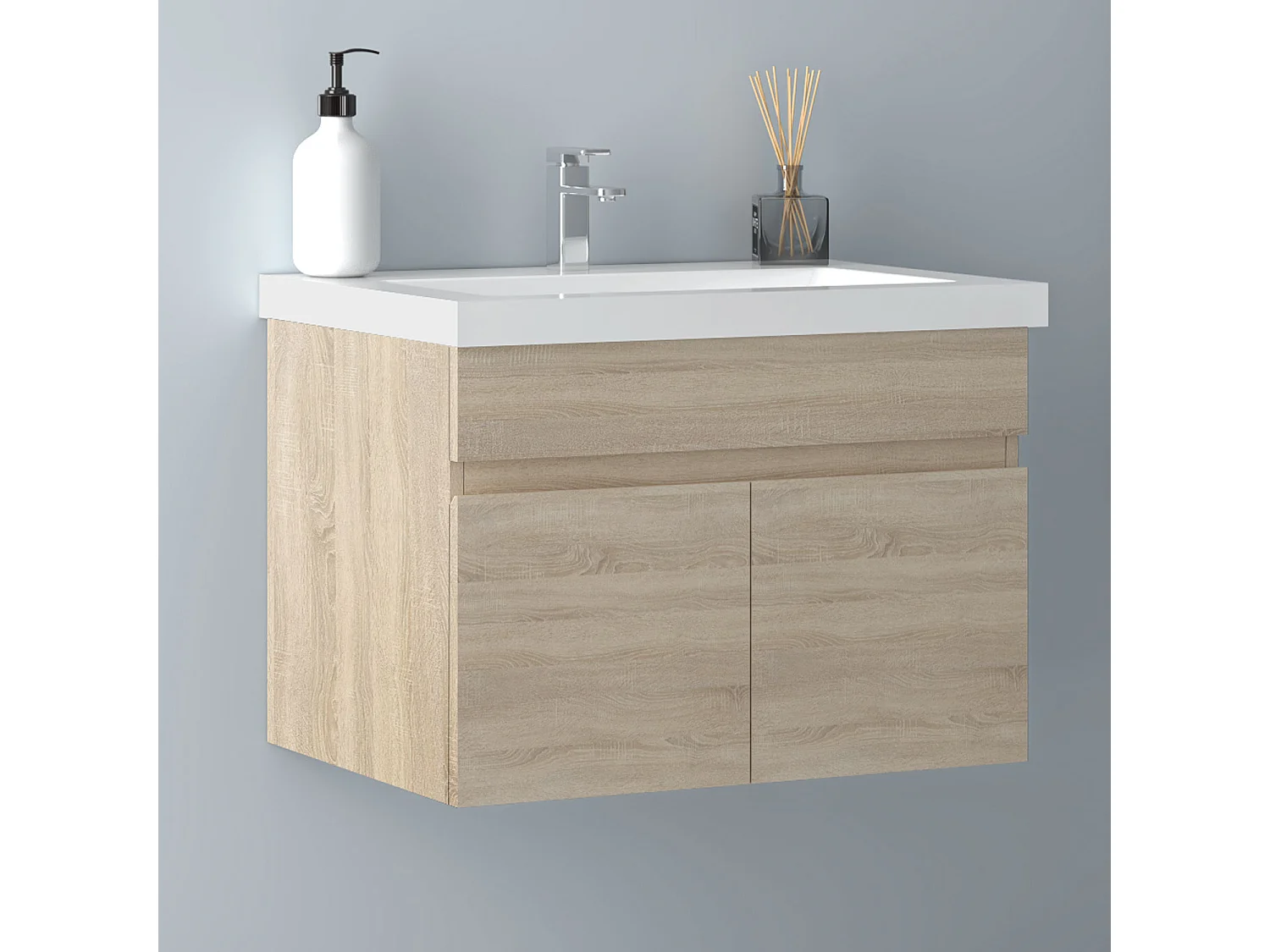 AICA Badezimmerschränke 60cm Mineralguss Waschtisch mit Unterschrank - Eiche Matt Hängeschrank - MARO