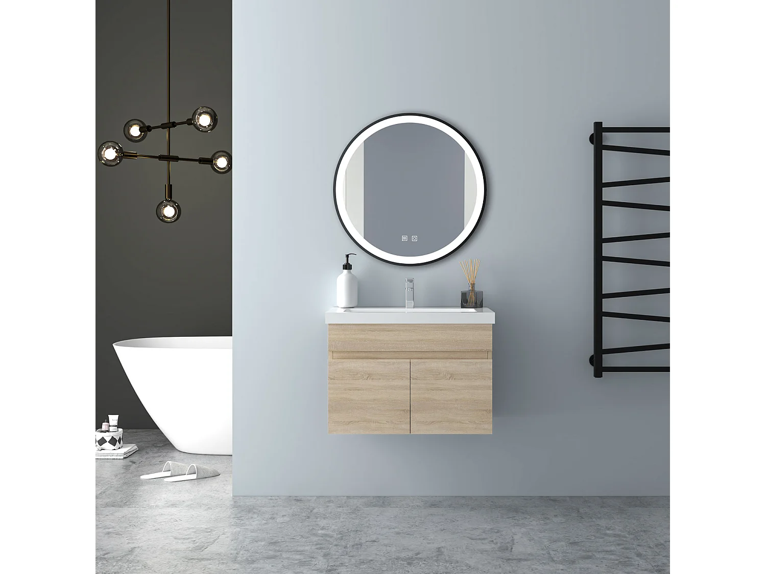 AICA Badezimmerschränke 60cm Mineralguss Waschtisch mit Unterschrank - Eiche Matt Hängeschrank - MARO