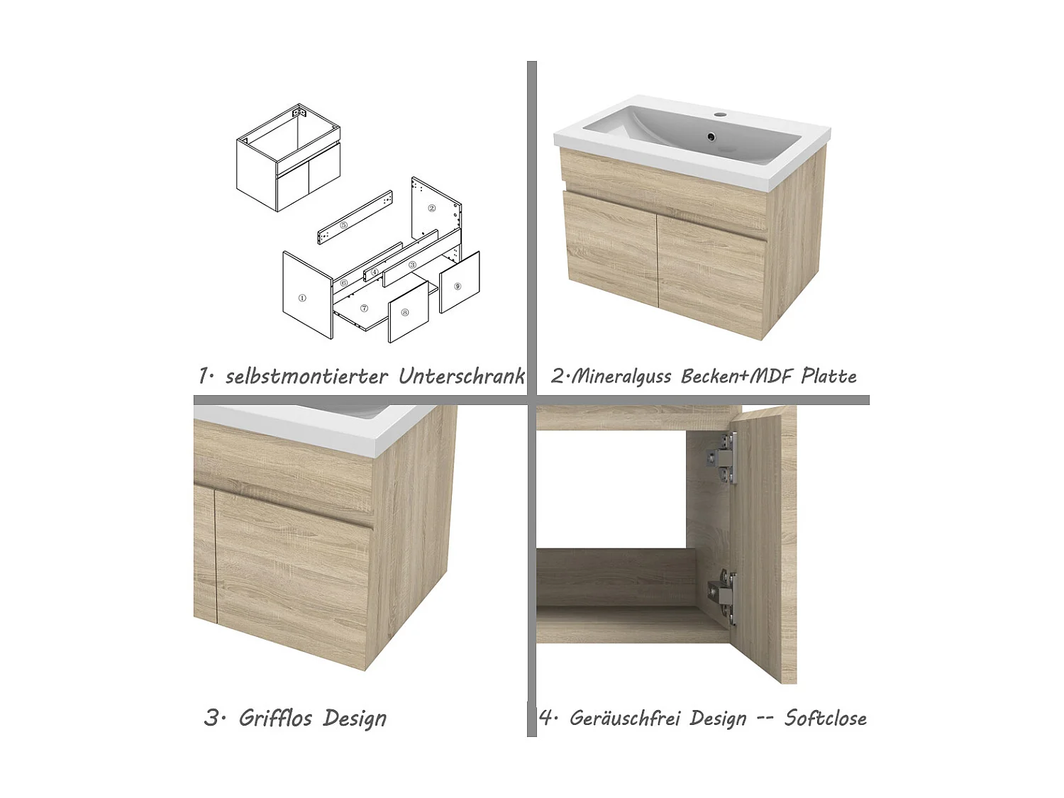 AICA Badezimmerschränke 60cm Mineralguss Waschtisch mit Unterschrank - Eiche Matt Hängeschrank - MARO