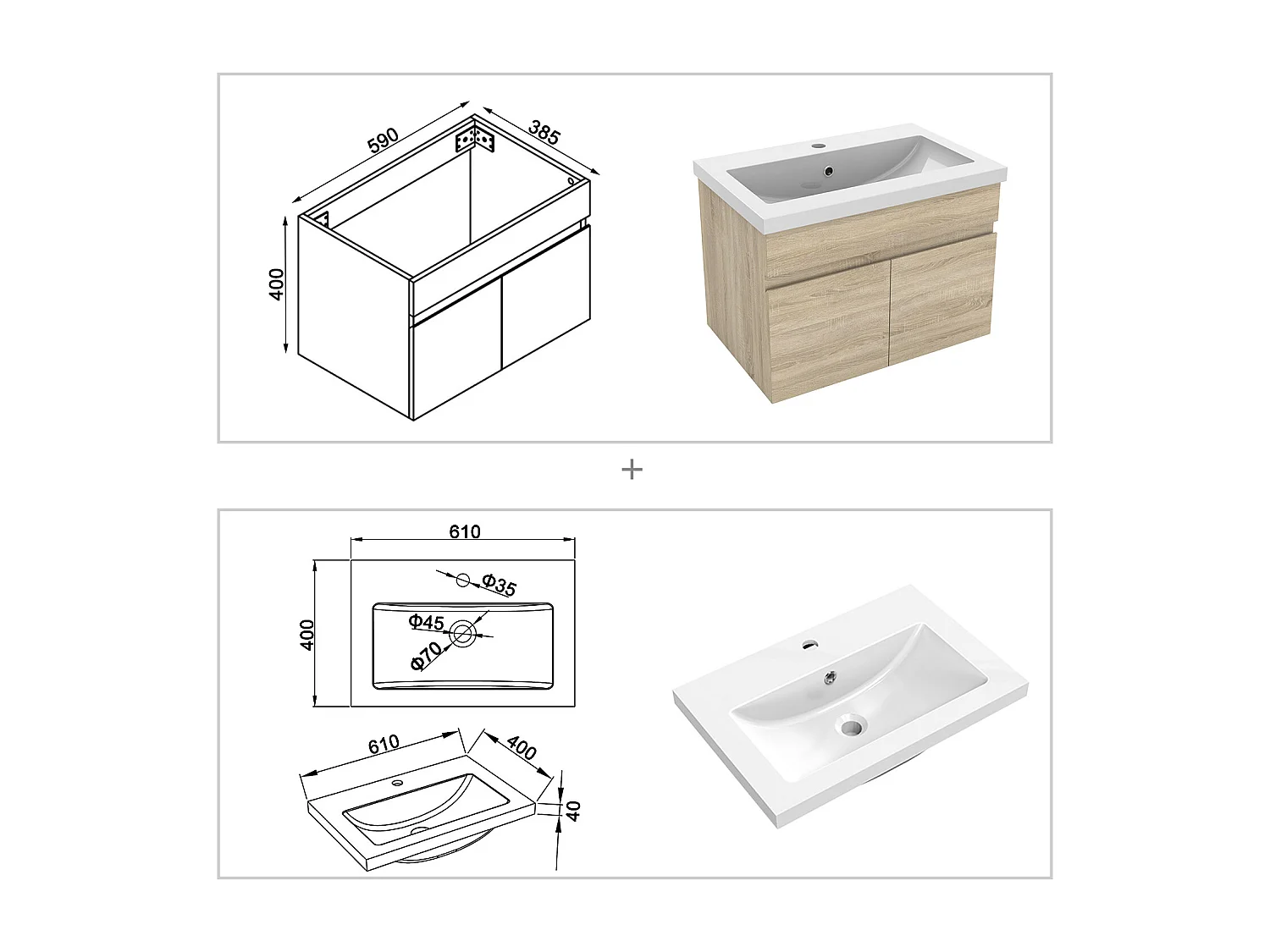 AICA Badezimmerschränke 60cm Mineralguss Waschtisch mit Unterschrank - Eiche Matt Hängeschrank - MARO