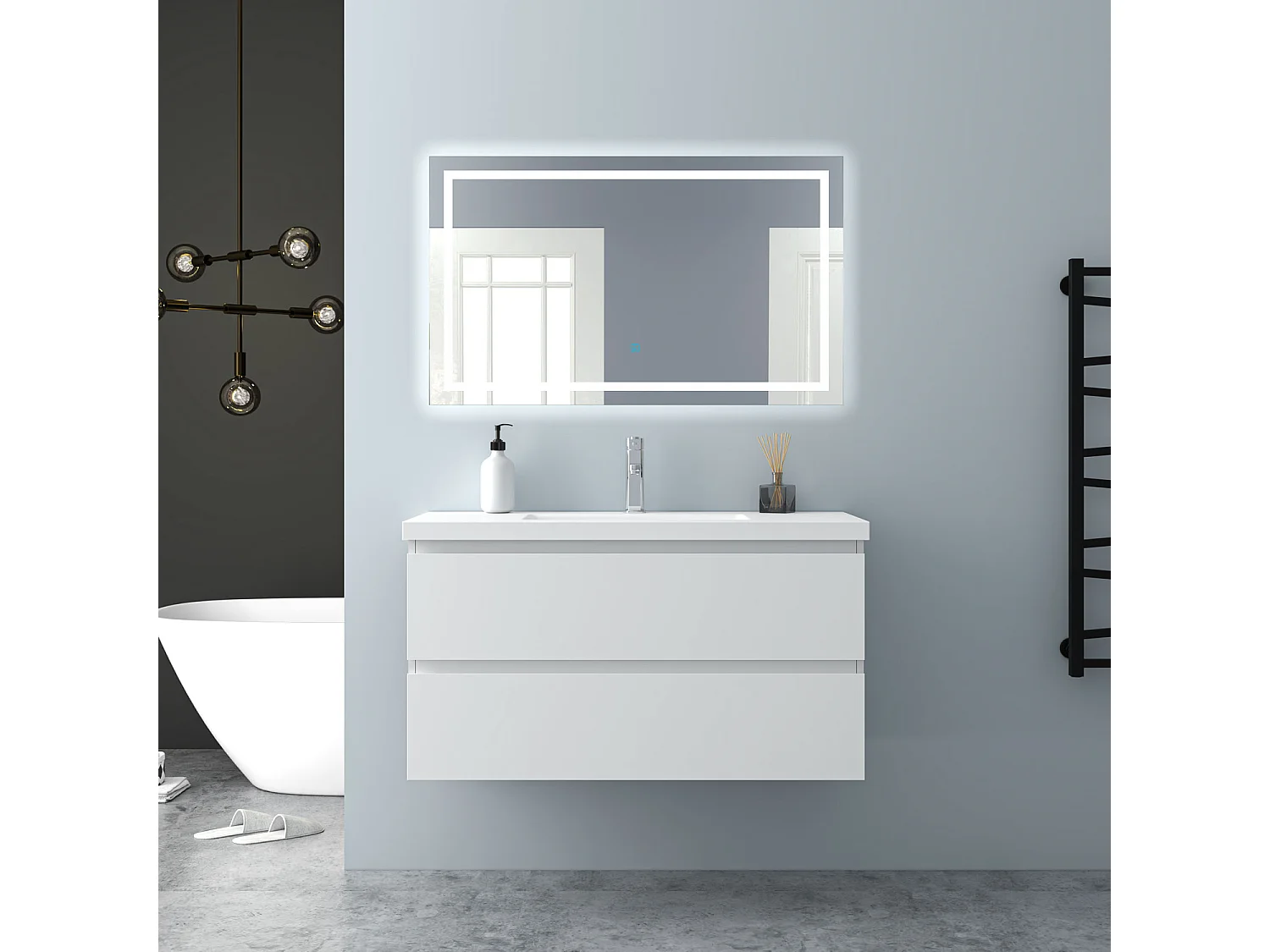 AICA Waschbeckenunterschrank hängend 100cm Mineralguss Waschtisch mit Unterschrank - Weiß Matt - CINIC