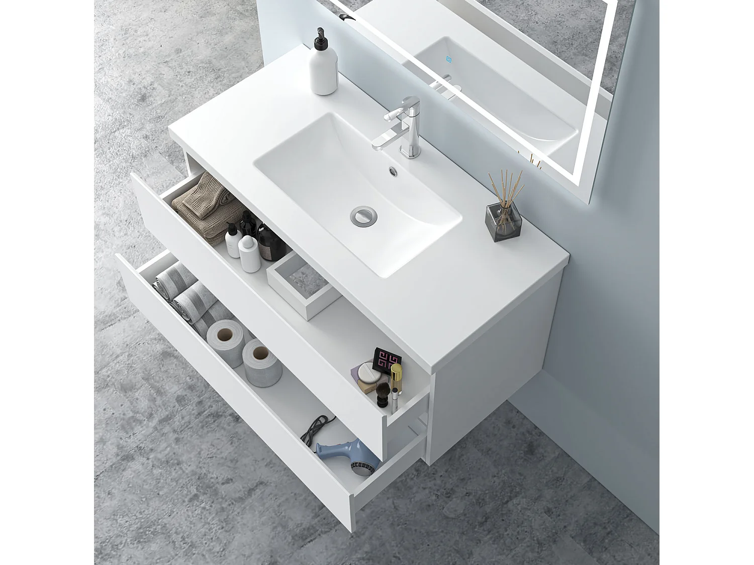 AICA Waschbeckenunterschrank hängend 100cm Mineralguss Waschtisch mit Unterschrank - Weiß Matt - CINIC