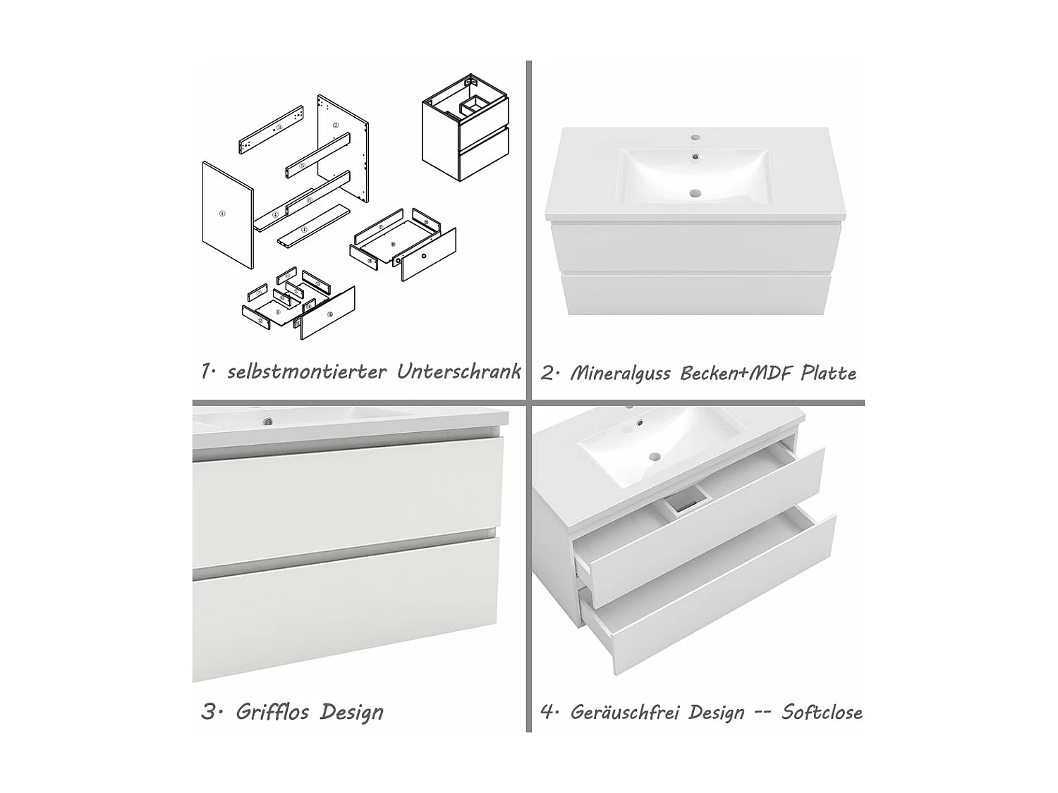 AICA Waschbeckenunterschrank hängend 100cm Mineralguss Waschtisch mit Unterschrank - Weiß Matt - CINIC