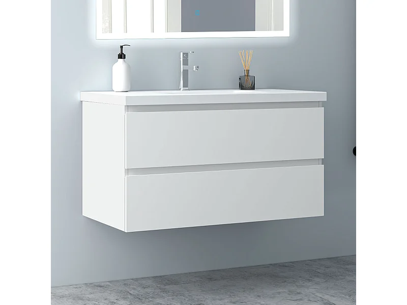 AICA Waschbeckenunterschrank hängend 100cm Mineralguss Waschtisch mit Unterschrank - Weiß Matt - CINIC