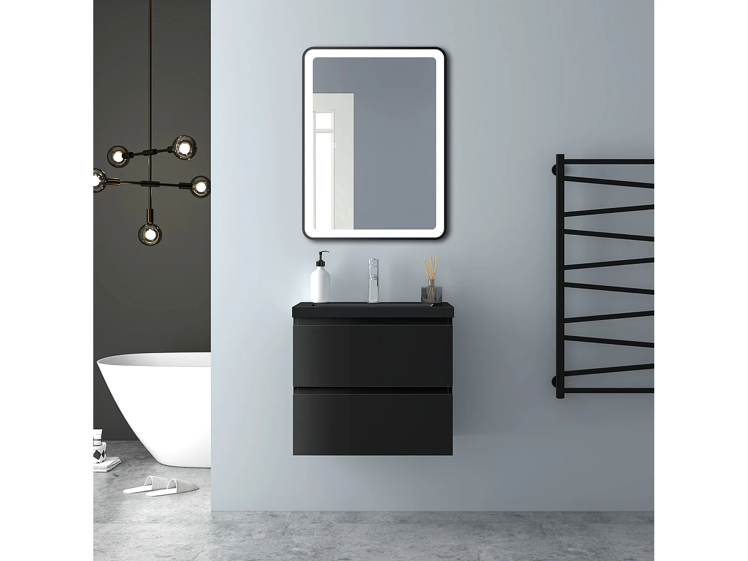 AICA Waschbeckenunterschrank hängend 60cm Schwarz Mineralguss Waschtisch mit Unterschrank - Hochglanz Schwarz - CINIC