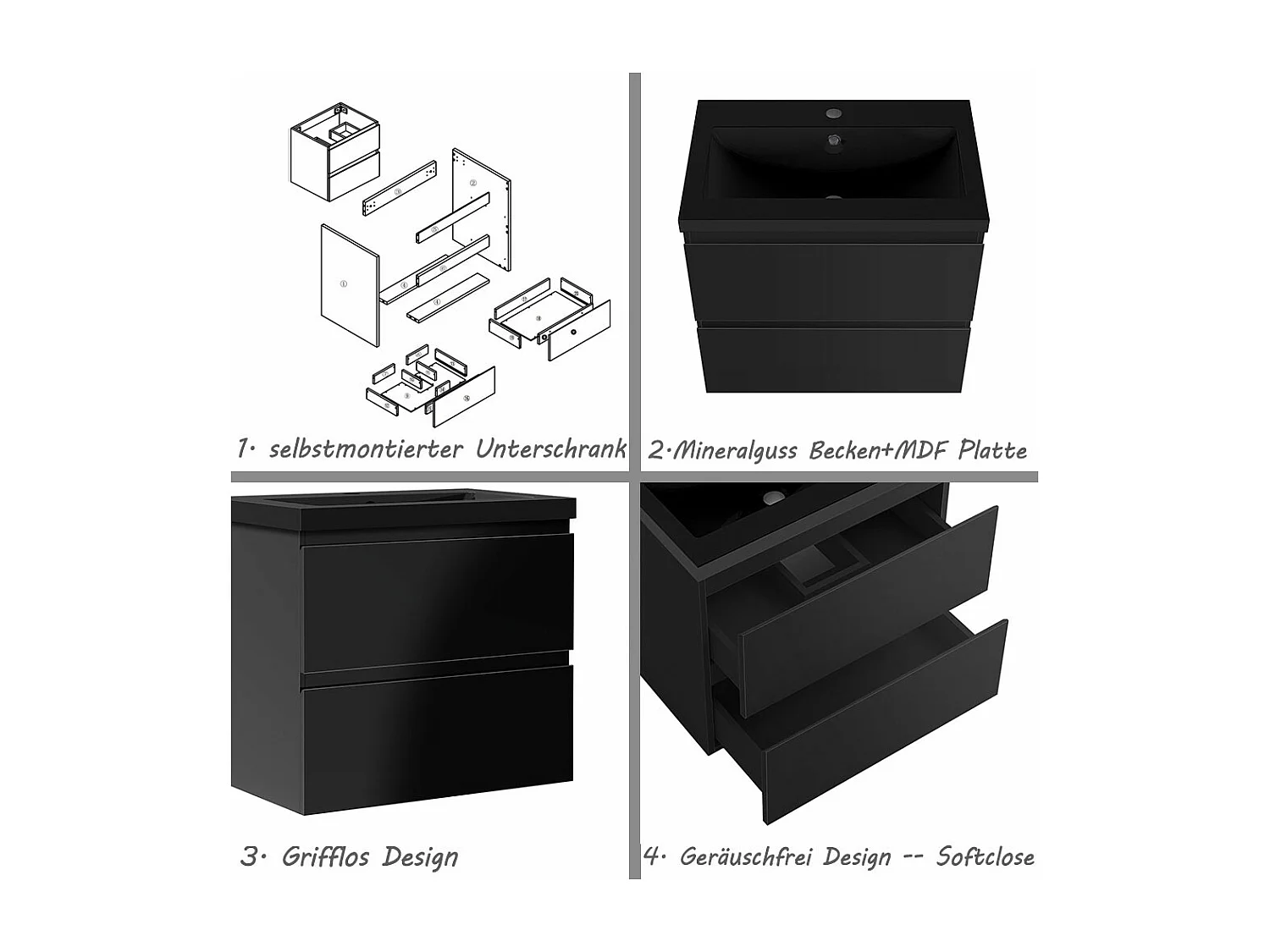 AICA Waschbeckenunterschrank hängend 60cm Schwarz Mineralguss Waschtisch mit Unterschrank - Hochglanz Schwarz - CINIC