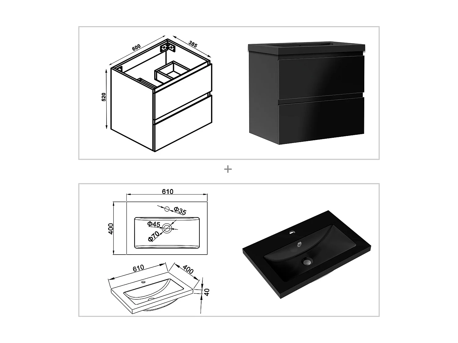 AICA Waschbeckenunterschrank hängend 60cm Schwarz Mineralguss Waschtisch mit Unterschrank - Hochglanz Schwarz - CINIC