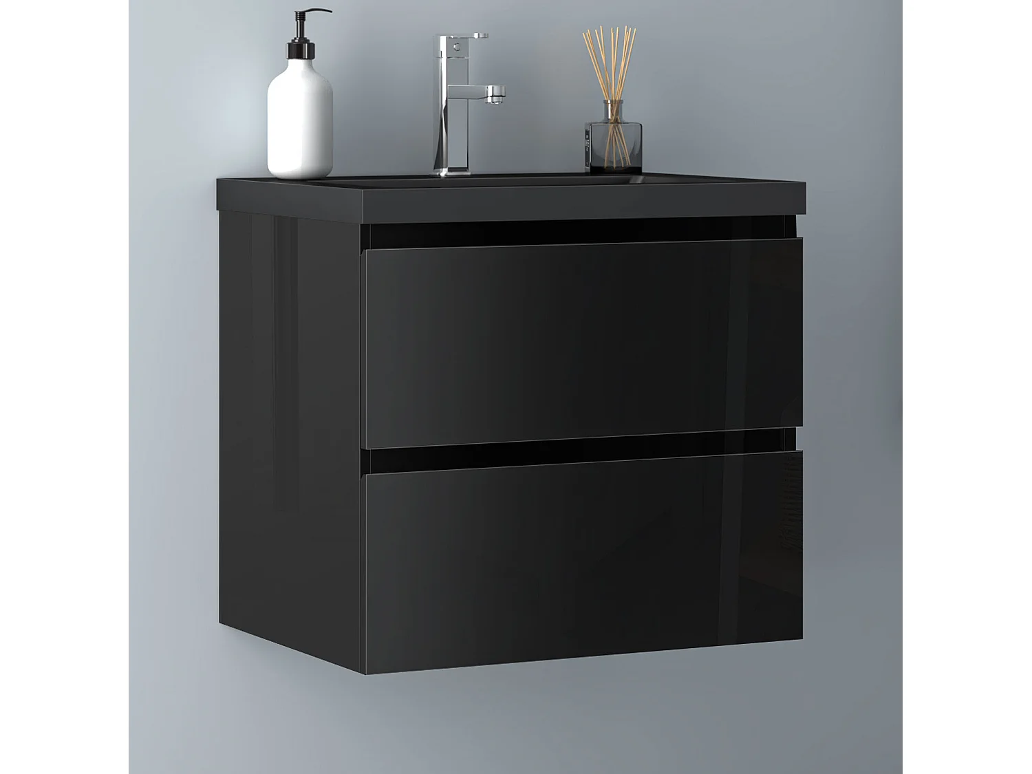 AICA Waschbeckenunterschrank hängend 60cm Schwarz Mineralguss Waschtisch mit Unterschrank - Hochglanz Schwarz - CINIC