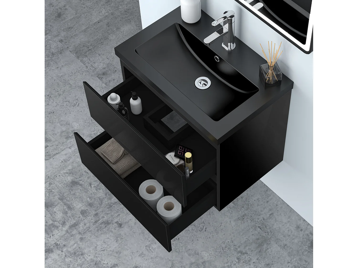 AICA Waschbeckenunterschrank hängend 60cm Schwarz Mineralguss Waschtisch mit Unterschrank - Hochglanz Schwarz - CINIC