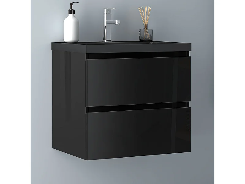 AICA Waschbeckenunterschrank hängend 60cm Schwarz Mineralguss Waschtisch mit Unterschrank - Hochglanz Schwarz - CINIC