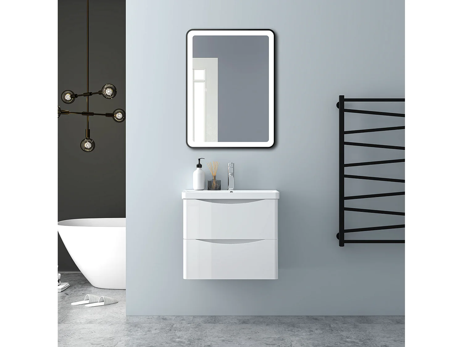 AICA Badezimmerschrank hängend 60cm Mineralguss waschbecken mit Unterschrank - Hochglanz Weiß - SEMAL