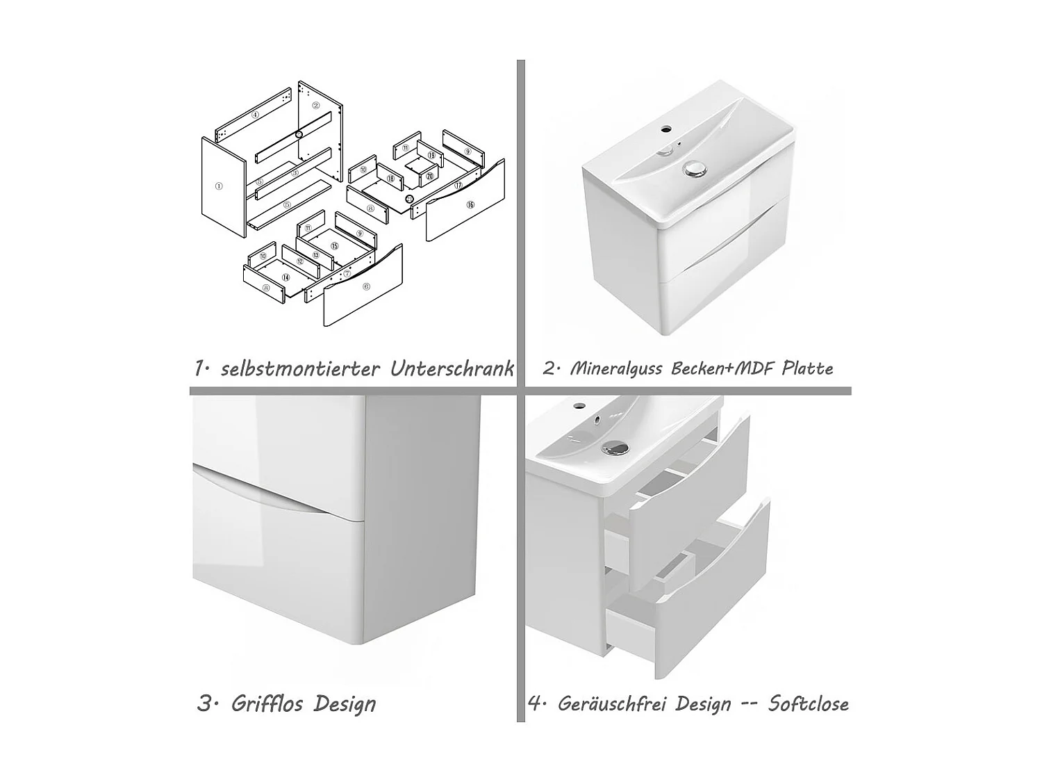 AICA Badezimmerschrank hängend 60cm Mineralguss waschbecken mit Unterschrank - Hochglanz Weiß - SEMAL