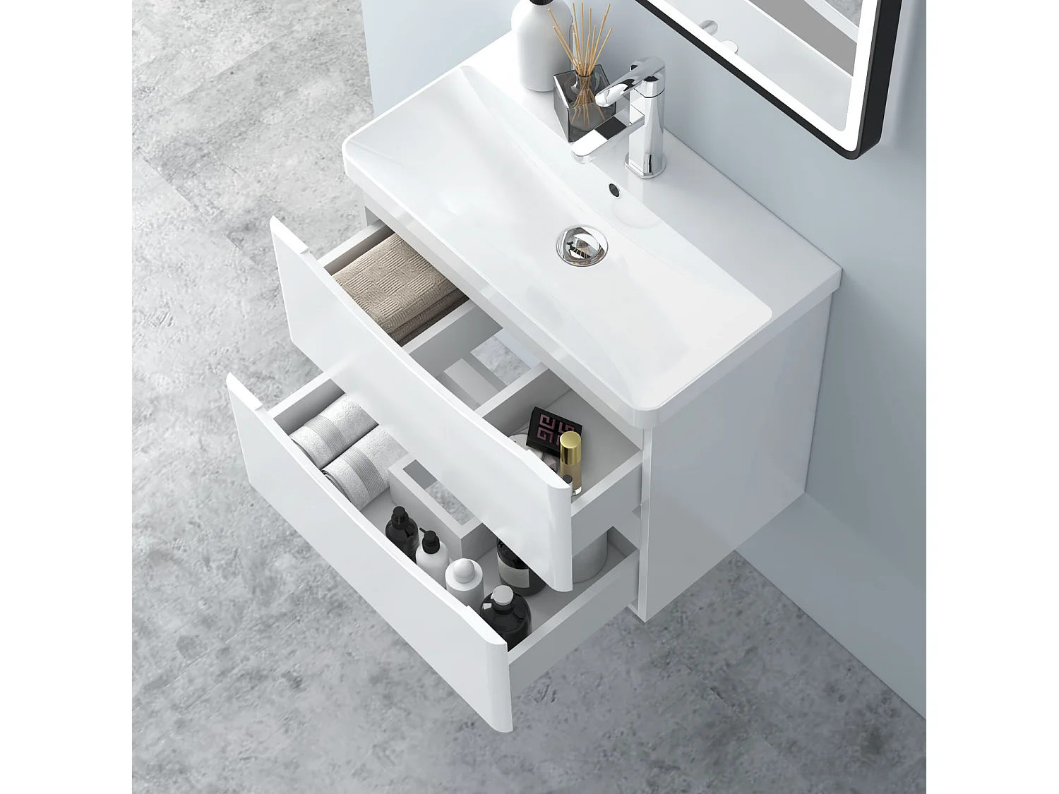 AICA Badezimmerschrank hängend 60cm Mineralguss waschbecken mit Unterschrank - Hochglanz Weiß - SEMAL