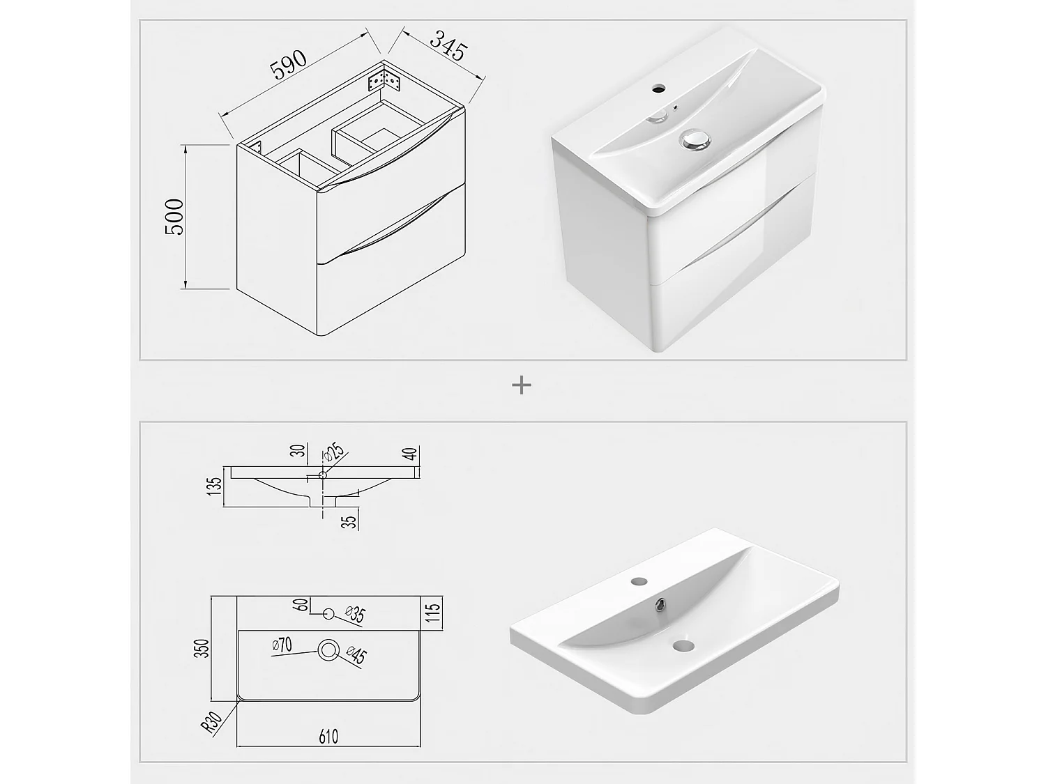 AICA Badezimmerschrank hängend 60cm Mineralguss waschbecken mit Unterschrank - Hochglanz Weiß - SEMAL