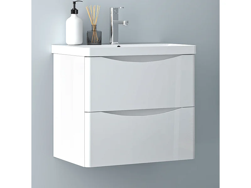 AICA Badezimmerschrank hängend 60cm Mineralguss waschbecken mit Unterschrank - Hochglanz Weiß - SEMAL