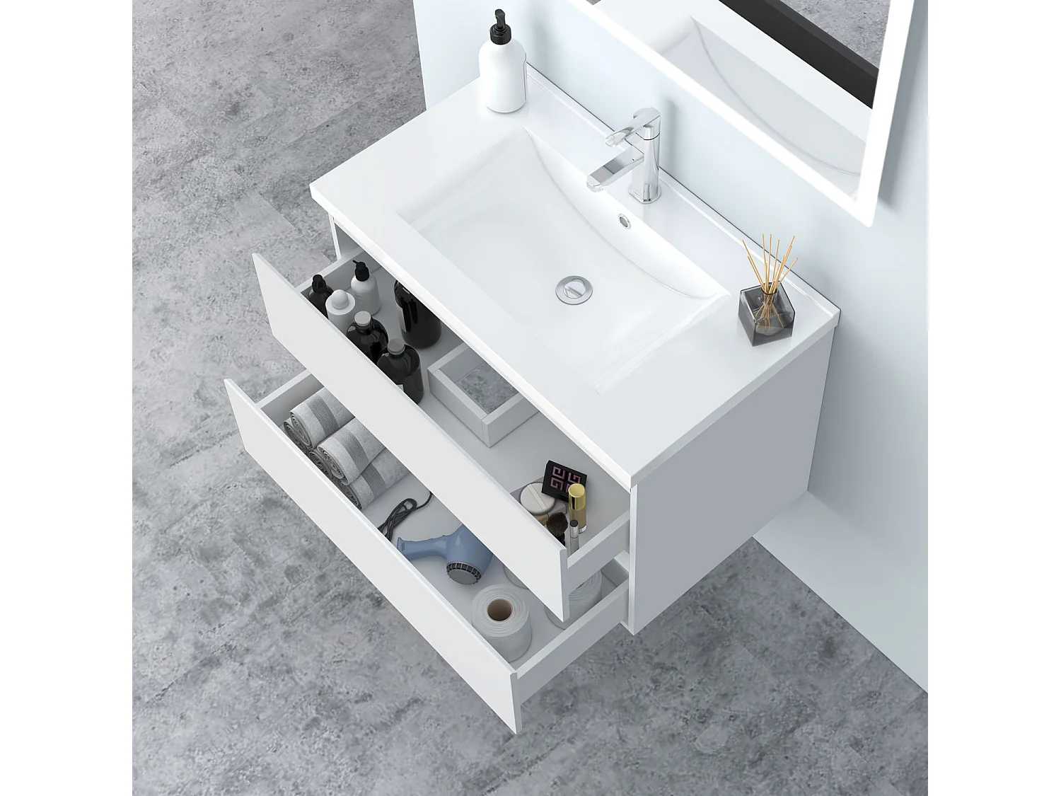 AICA Waschbeckenunterschrank hängend 80cm Keramik Waschtisch mit Unterschrank - Weiß Matt - CINIC