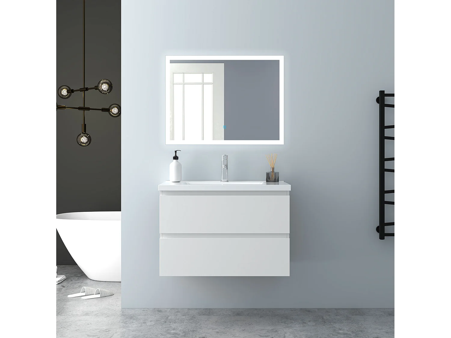 AICA Waschbeckenunterschrank hängend 80cm Keramik Waschtisch mit Unterschrank - Weiß Matt - CINIC