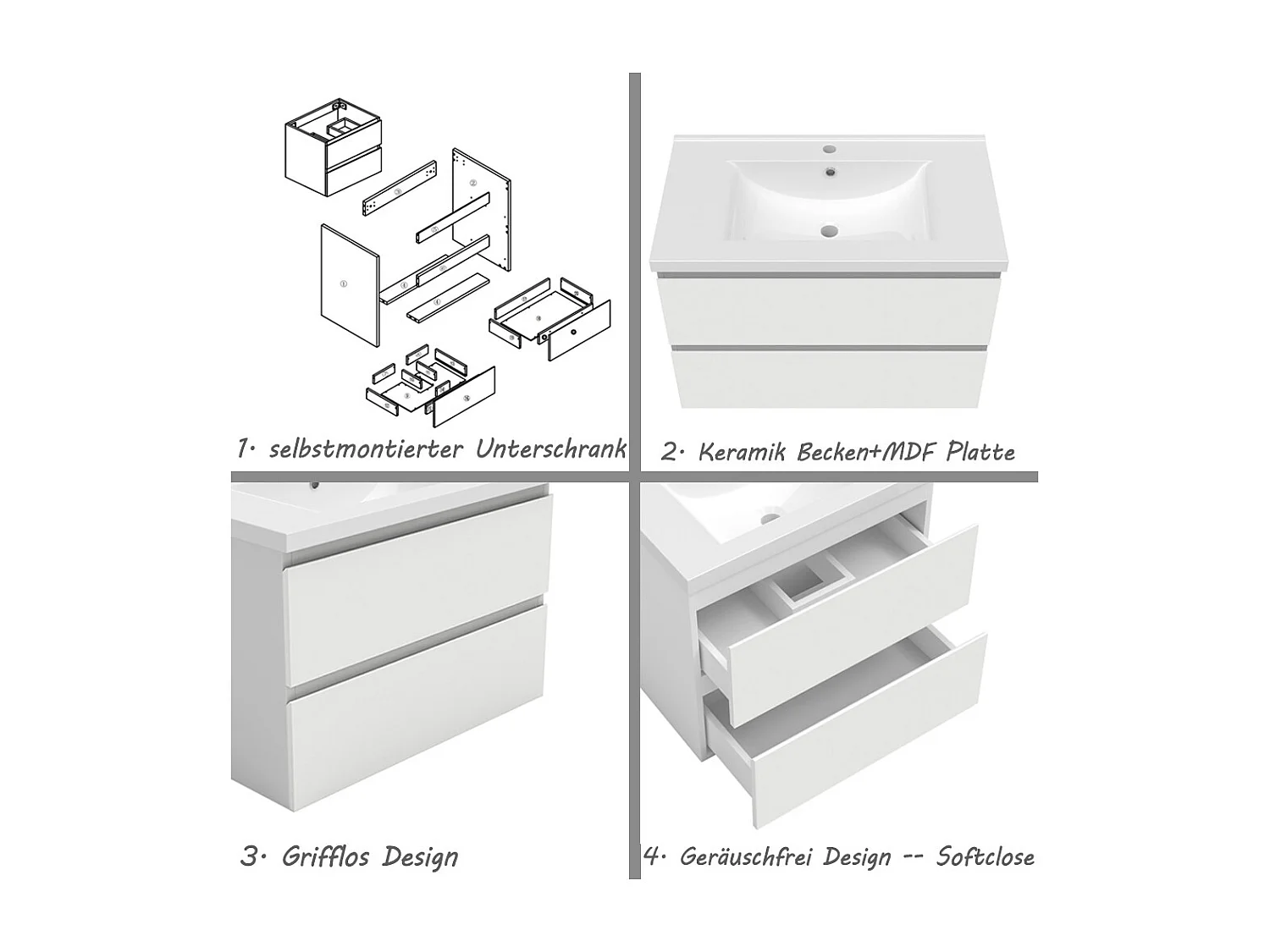 AICA Waschbeckenunterschrank hängend 80cm Keramik Waschtisch mit Unterschrank - Weiß Matt - CINIC