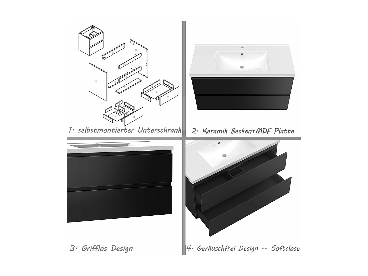 AICA Waschbeckenunterschrank hängend 100cm Keramik Waschtisch mit Unterschrank - Hochglanz Schwarz - CINIC