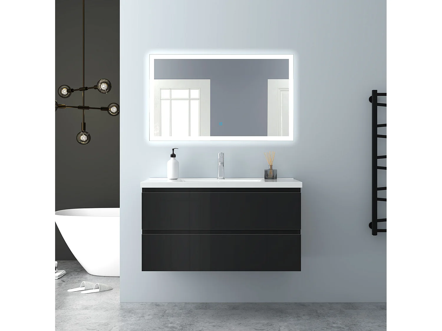 AICA Waschbeckenunterschrank hängend 100cm Keramik Waschtisch mit Unterschrank - Hochglanz Schwarz - CINIC