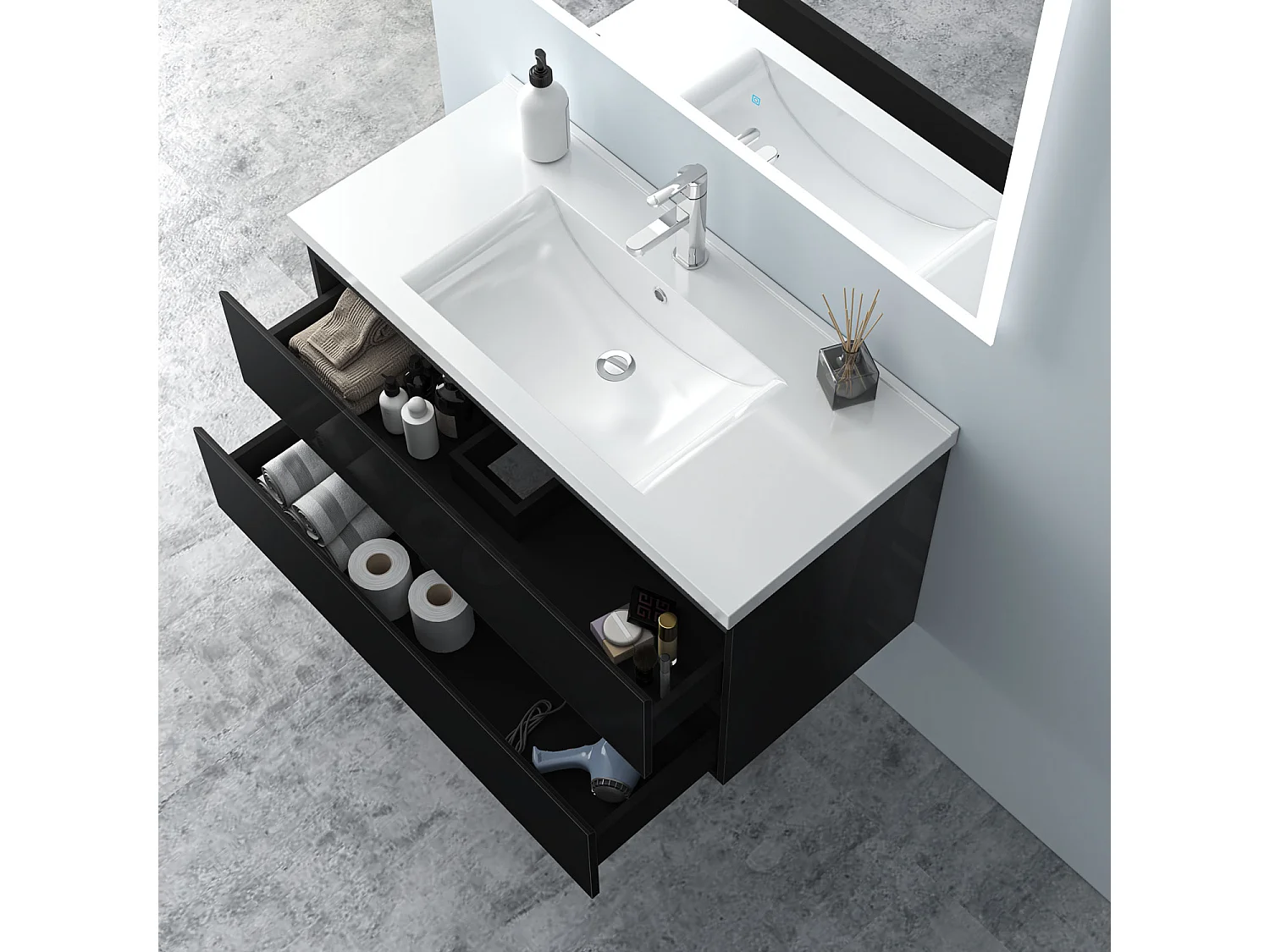 AICA Waschbeckenunterschrank hängend 100cm Keramik Waschtisch mit Unterschrank - Hochglanz Schwarz - CINIC
