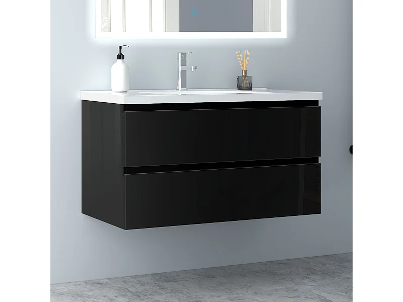 AICA Waschbeckenunterschrank hängend 100cm Keramik Waschtisch mit Unterschrank - Hochglanz Schwarz - CINIC