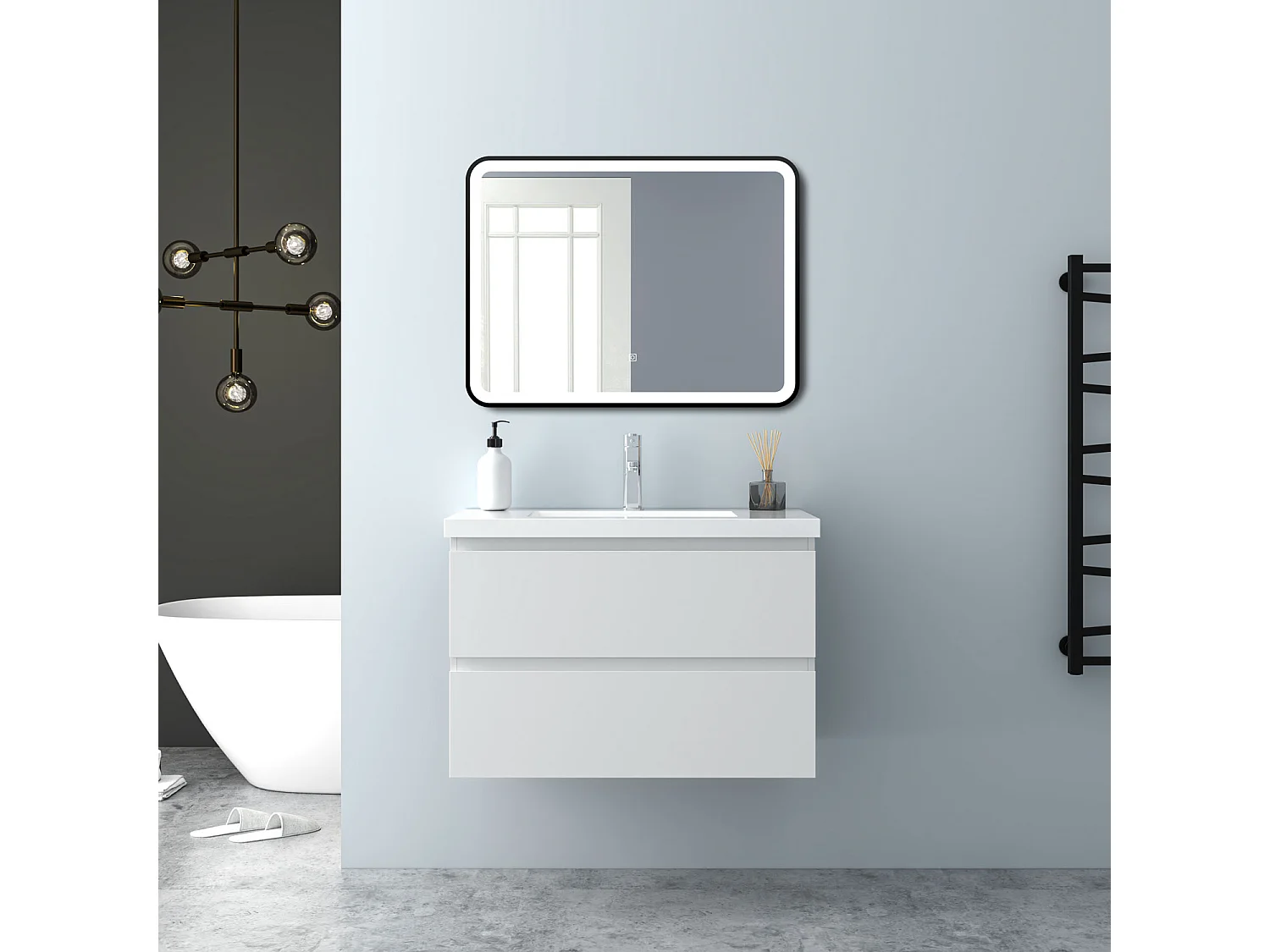 AICA Waschbeckenunterschrank hängend 80cm Mineralguss Waschtisch mit Unterschrank - Weiß Matt - CINIC