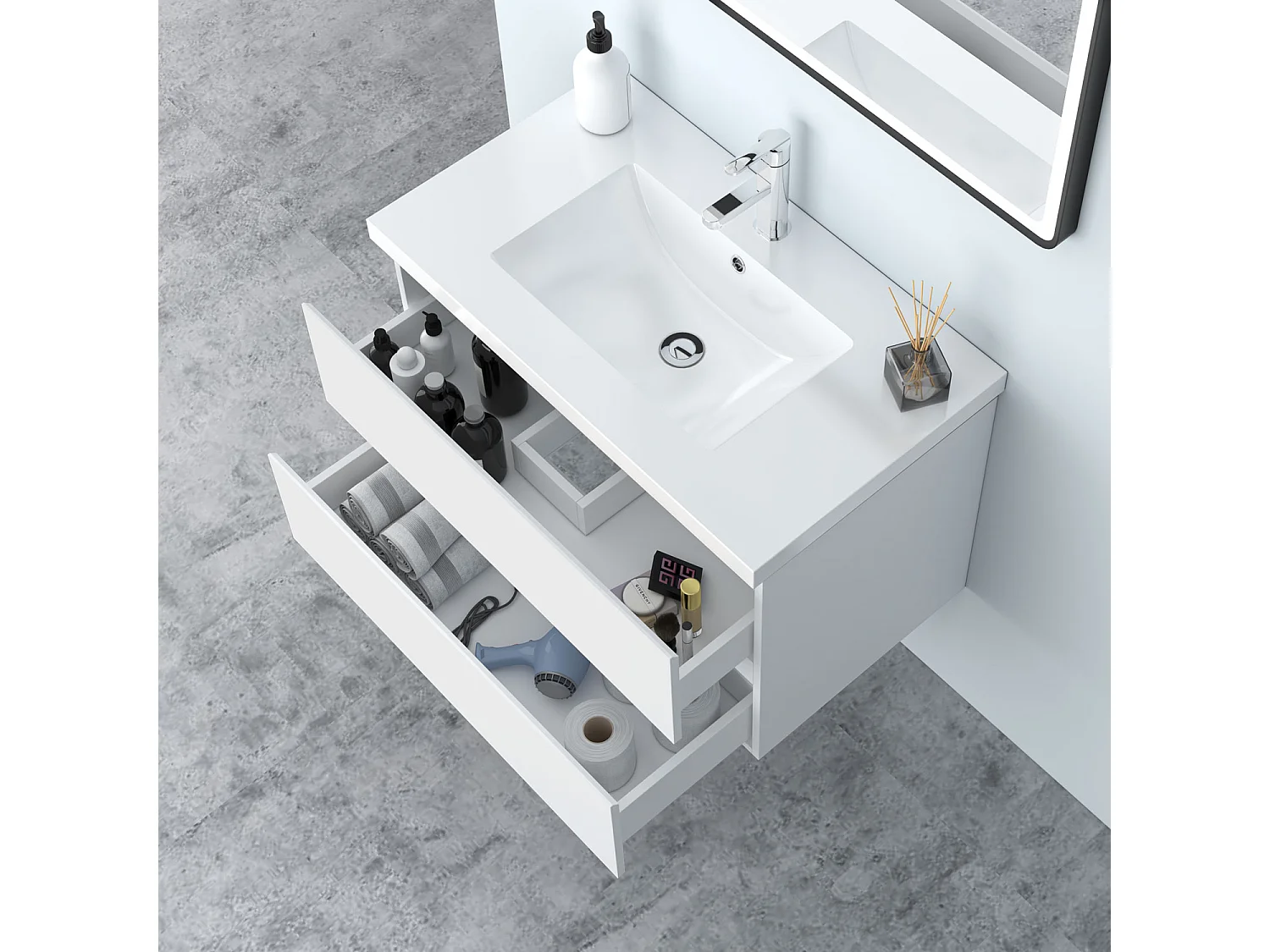 AICA Waschbeckenunterschrank hängend 80cm Mineralguss Waschtisch mit Unterschrank - Weiß Matt - CINIC