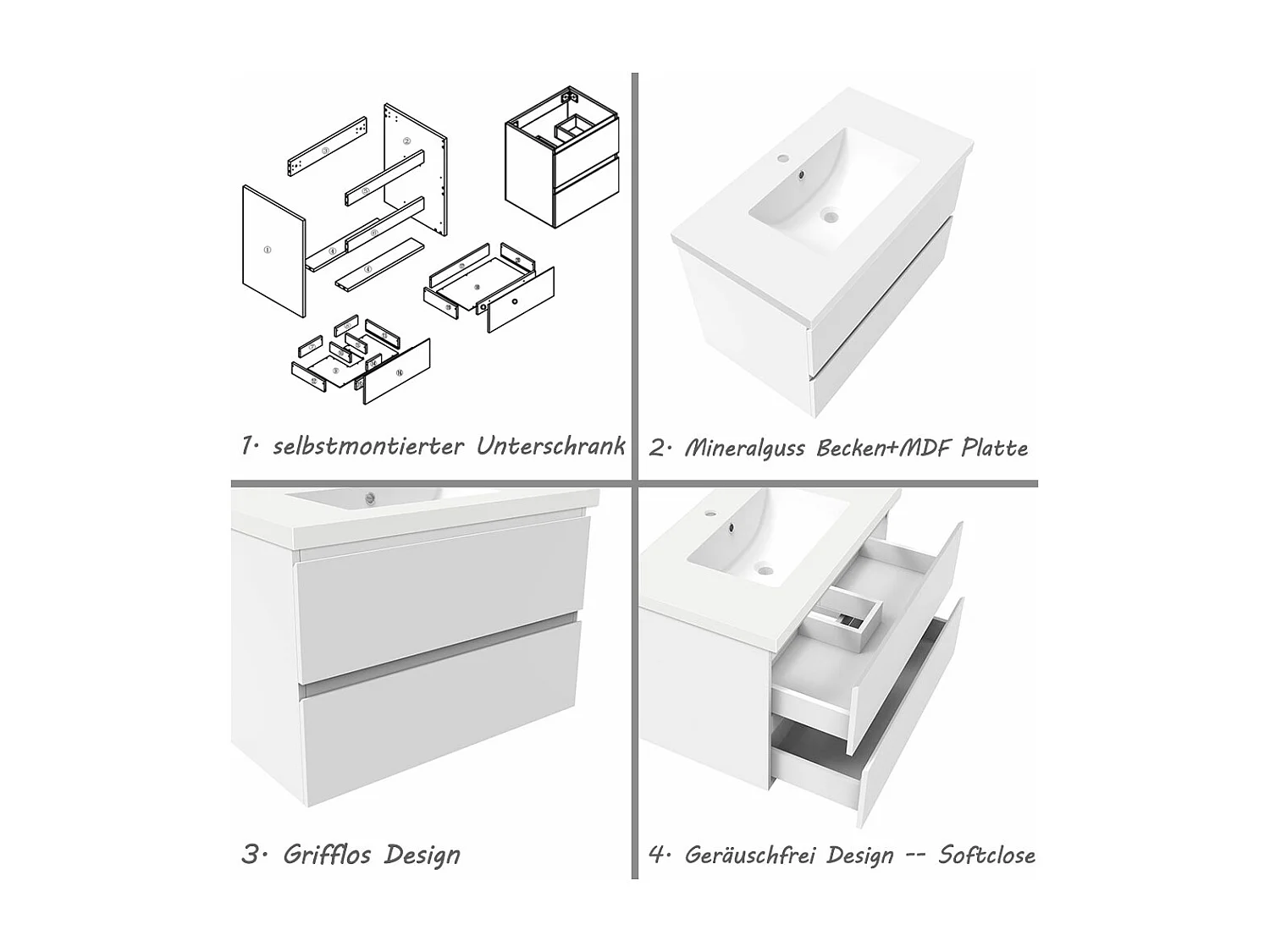 AICA Waschbeckenunterschrank hängend 80cm Mineralguss Waschtisch mit Unterschrank - Weiß Matt - CINIC