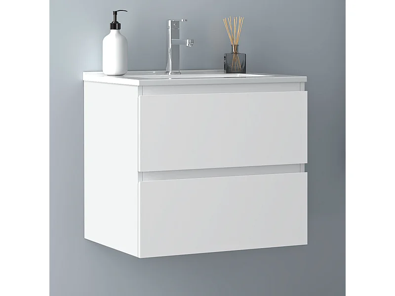 AICA Waschbeckenunterschrank hängend 60cm Dünn Keramik Waschtisch mit Unterschrank - Weiß Matt - CINIC