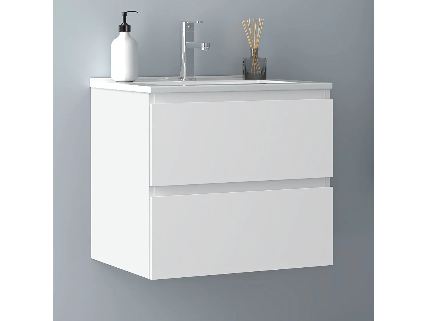 AICA Waschbeckenunterschrank hängend 60cm Dünn Keramik Waschtisch mit Unterschrank - Weiß Matt - CINIC