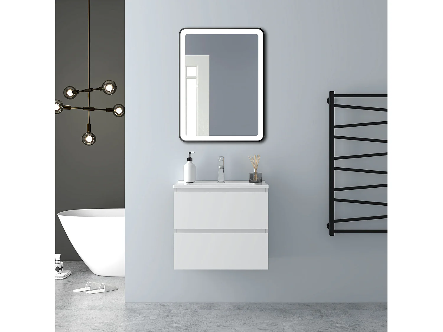 AICA Waschbeckenunterschrank hängend 60cm Dünn Keramik Waschtisch mit Unterschrank - Weiß Matt - CINIC