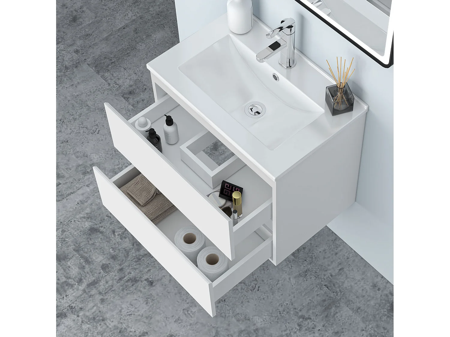 AICA Waschbeckenunterschrank hängend 60cm Dünn Keramik Waschtisch mit Unterschrank - Weiß Matt - CINIC