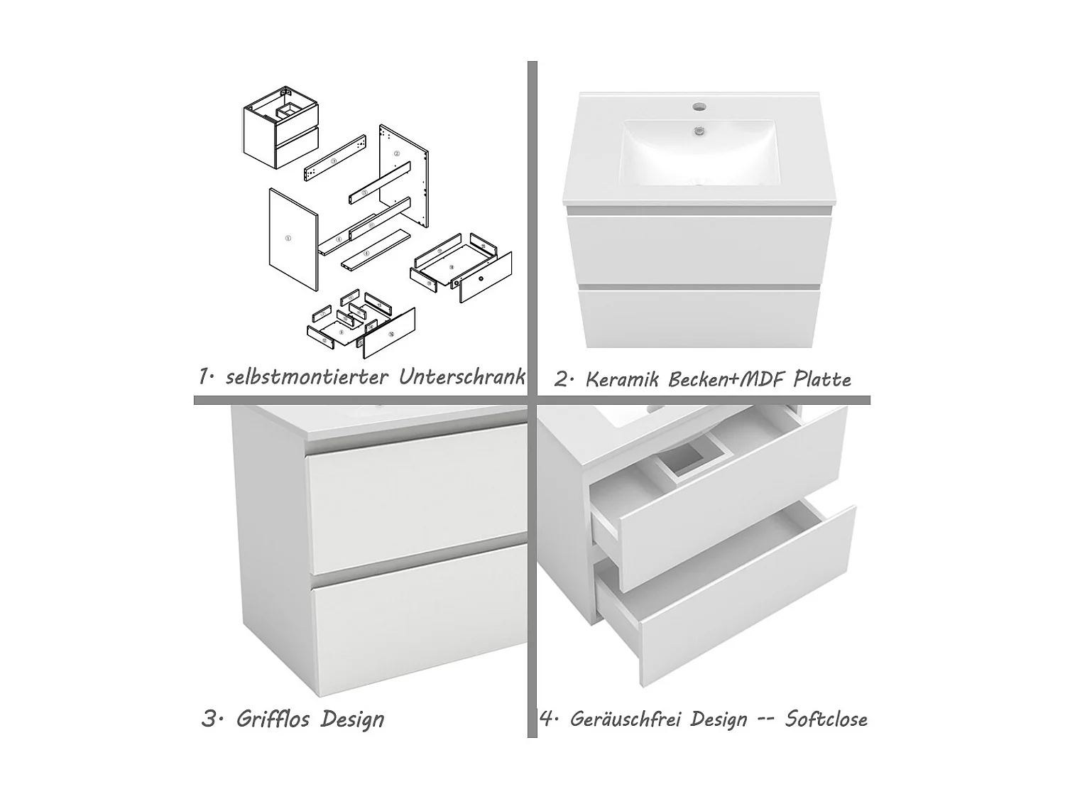 AICA Waschbeckenunterschrank hängend 60cm Dünn Keramik Waschtisch mit Unterschrank - Weiß Matt - CINIC
