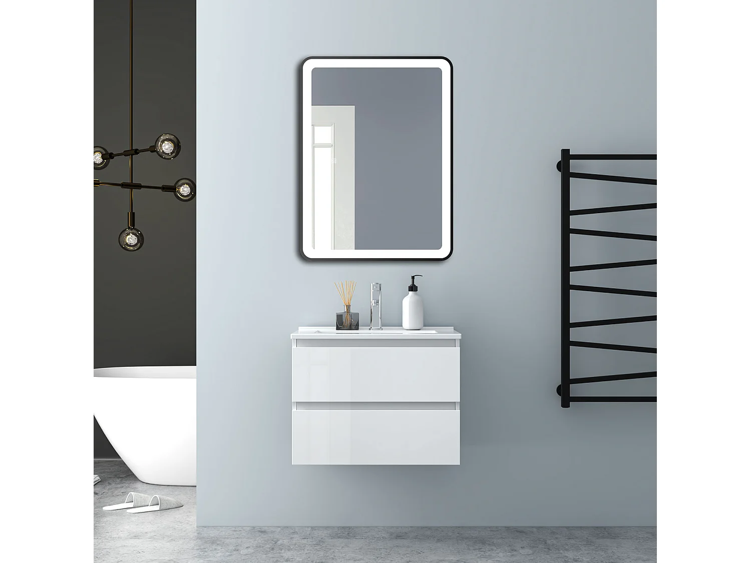 AICA Waschbeckenunterschrank hängend 60cm Dünn Keramik Waschtisch mit Unterschrank - Hochglanz Weiß - CINIC