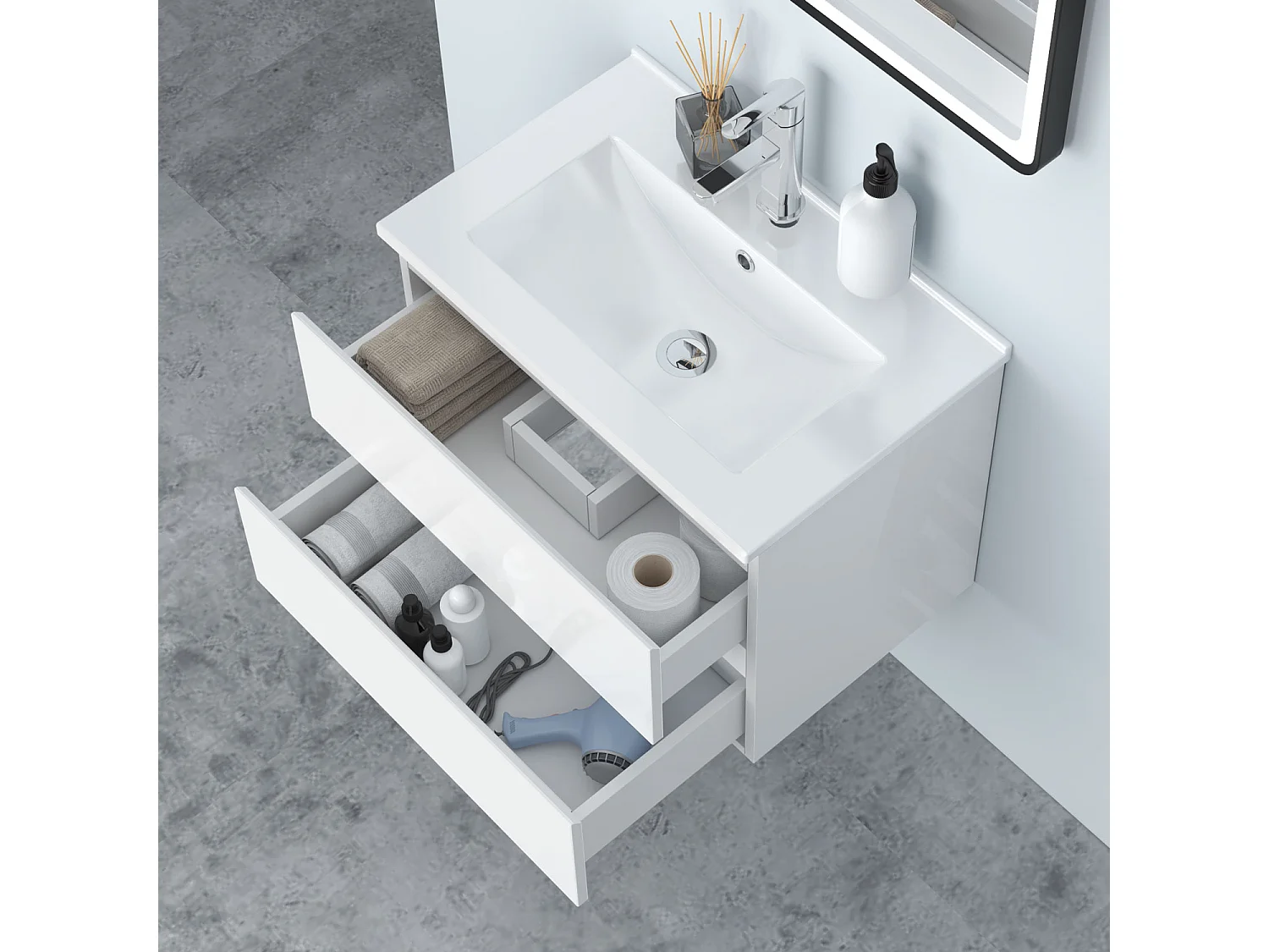 AICA Waschbeckenunterschrank hängend 60cm Dünn Keramik Waschtisch mit Unterschrank - Hochglanz Weiß - CINIC
