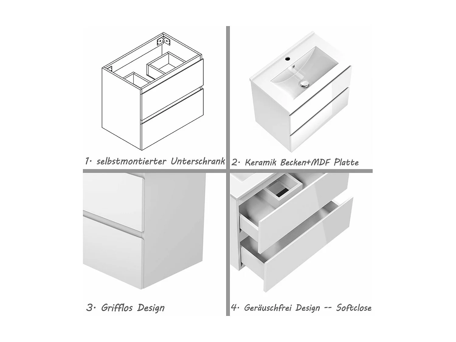 AICA Waschbeckenunterschrank hängend 60cm Dünn Keramik Waschtisch mit Unterschrank - Hochglanz Weiß - CINIC