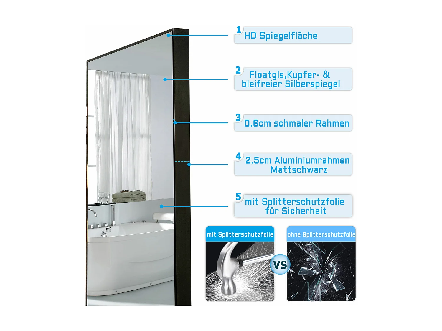 AICA Standspiegel 150x50cm 2 in 1 Ganzkörperspiegel mit Schwarz Rahmen