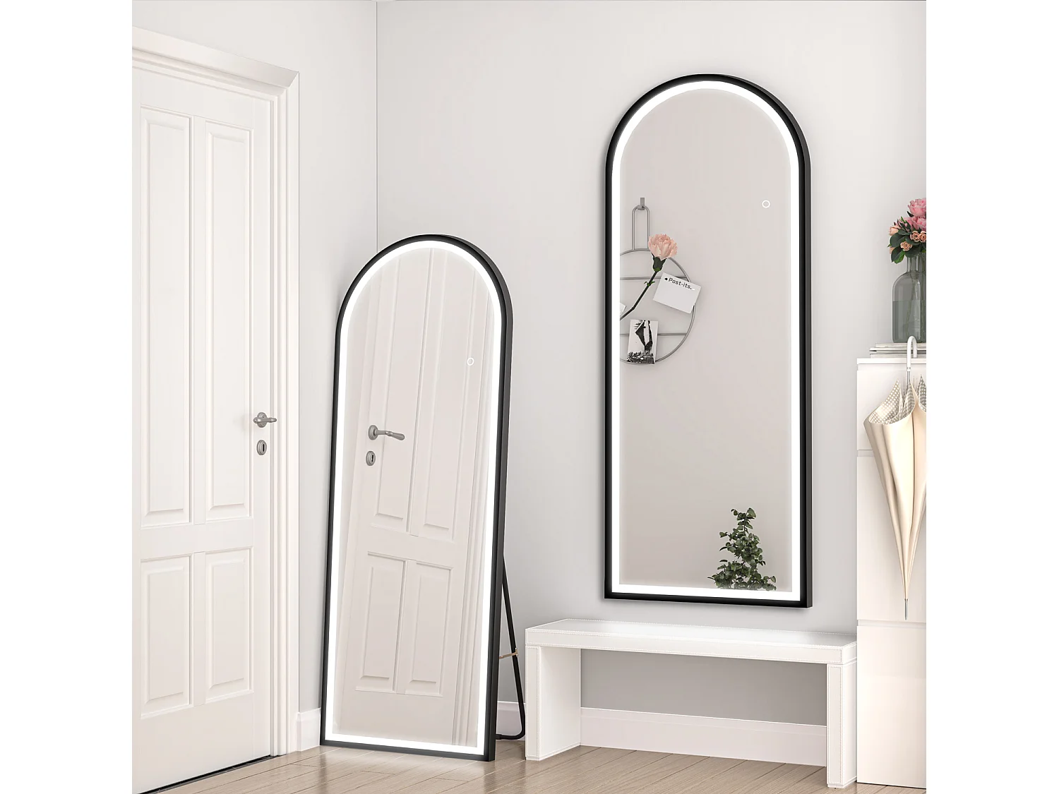 AICA LED Bogen Standspiegel 160x60cm 3 Lichfarbe dimmbar2 in 1 Ganzkörperspiegel mit Schwarz Rahmen
