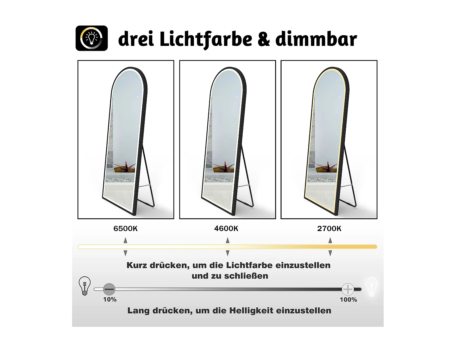AICA LED Bogen Standspiegel 160x60cm 3 Lichfarbe dimmbar2 in 1 Ganzkörperspiegel mit Schwarz Rahmen