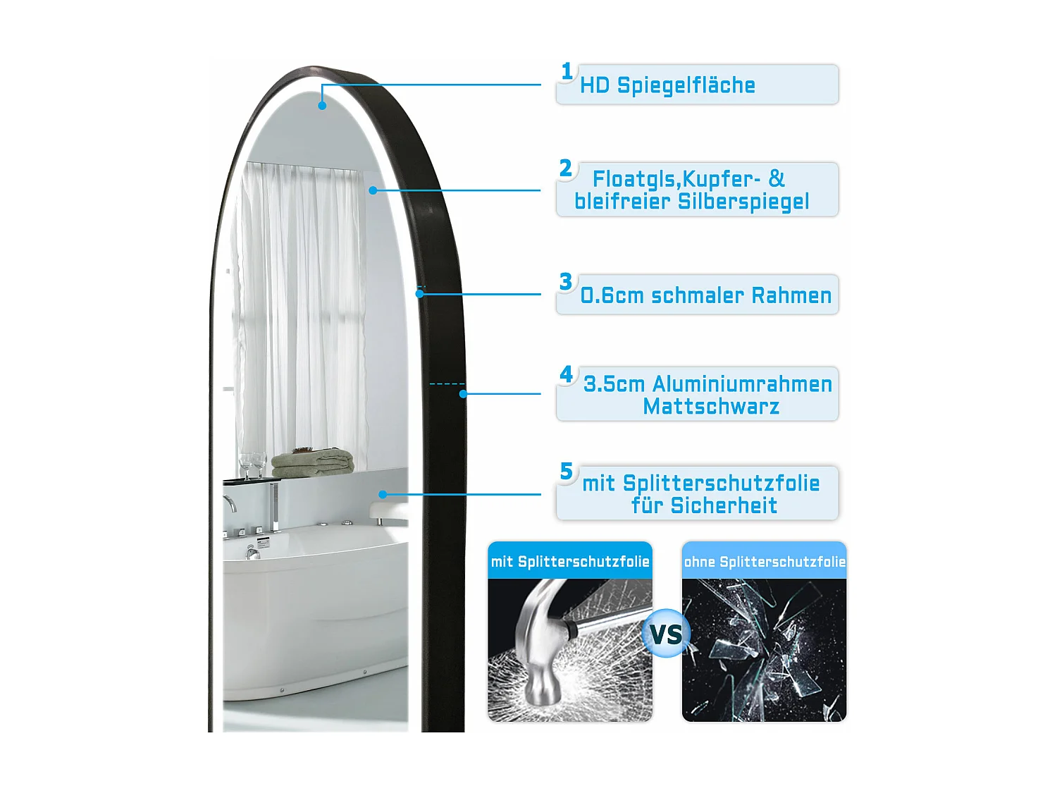 AICA LED Bogen Standspiegel 160x60cm 3 Lichfarbe dimmbar2 in 1 Ganzkörperspiegel mit Schwarz Rahmen