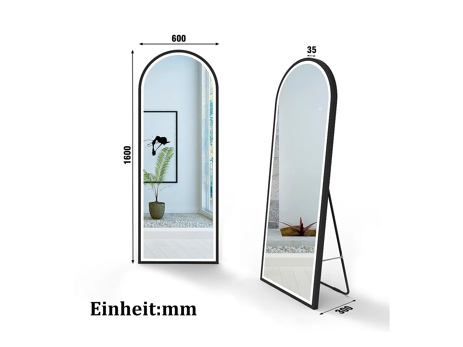 AICA LED Bogen Standspiegel 160x60cm 3 Lichfarbe dimmbar2 in 1 Ganzkörperspiegel mit Schwarz Rahmen